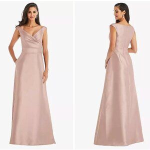 ALFRED SUNG Off-the-Shoulder Draped Wrap Satin‎ Maxi Dress Toasted Sugar 8 AS IS